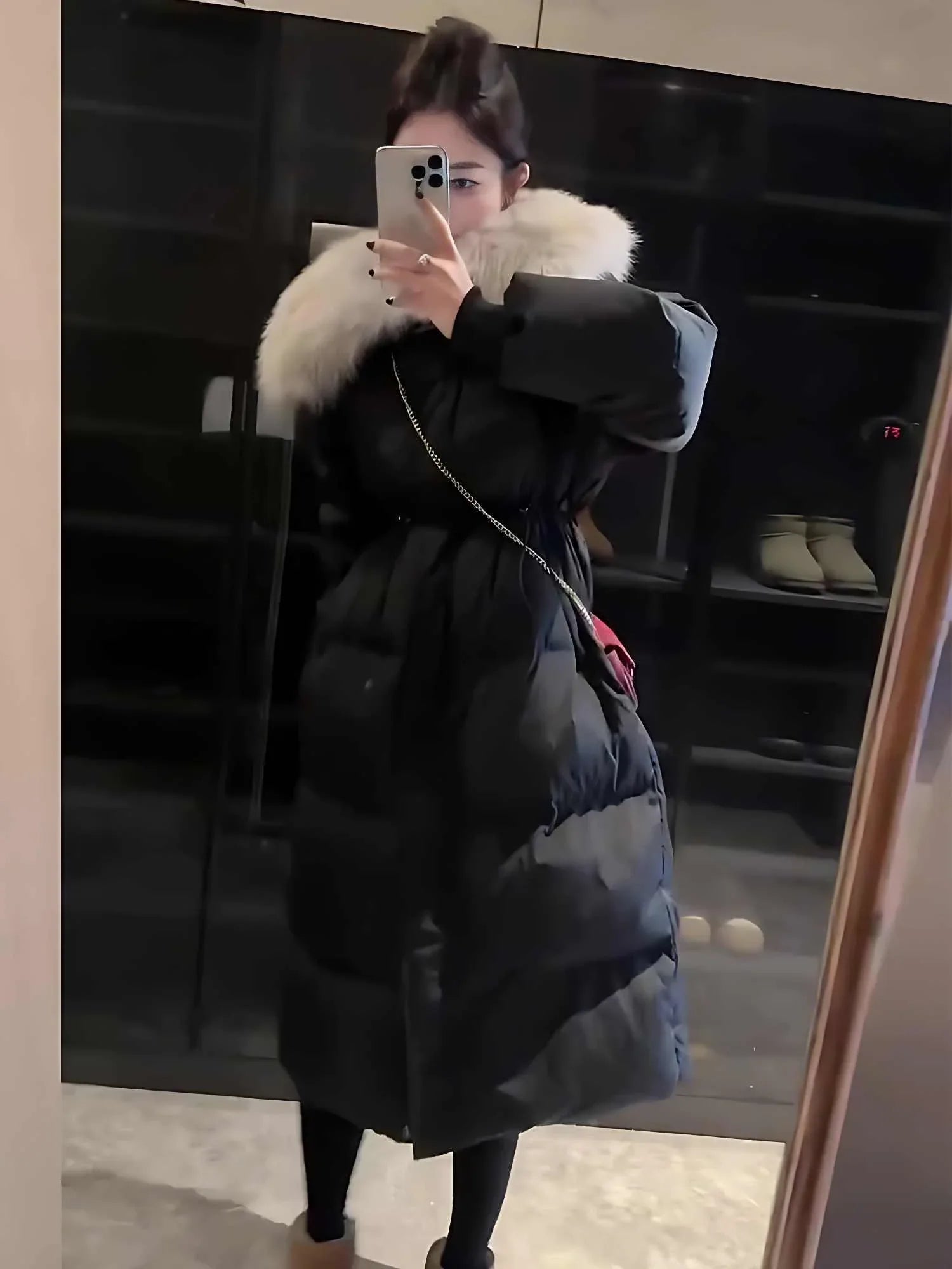 Fur Collar Overknee Long Jacket Women's Waist White Duck Down Coat - Gizmo Galaxy