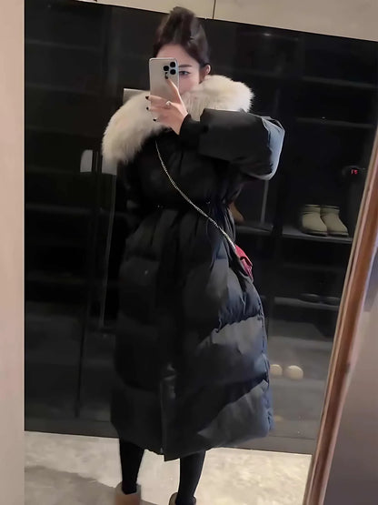 Fur Collar Overknee Long Jacket Women's Waist White Duck Down Coat - Gizmo Galaxy