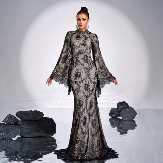 Long Sleeve Round Neck Sexy Lace Banquet Dress - Gizmo Galaxy