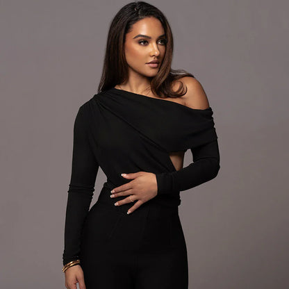 Off-the-shoulder Diagonal Neckline Fitted Long-sleeve Ruffled Bodysuit - Gizmo Galaxy