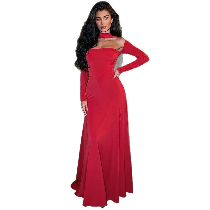 Valentine's Day Women's Solid-Color Fashion Strapless Long-Sleeve Waist-Cinching Dress - Gizmo Galaxy