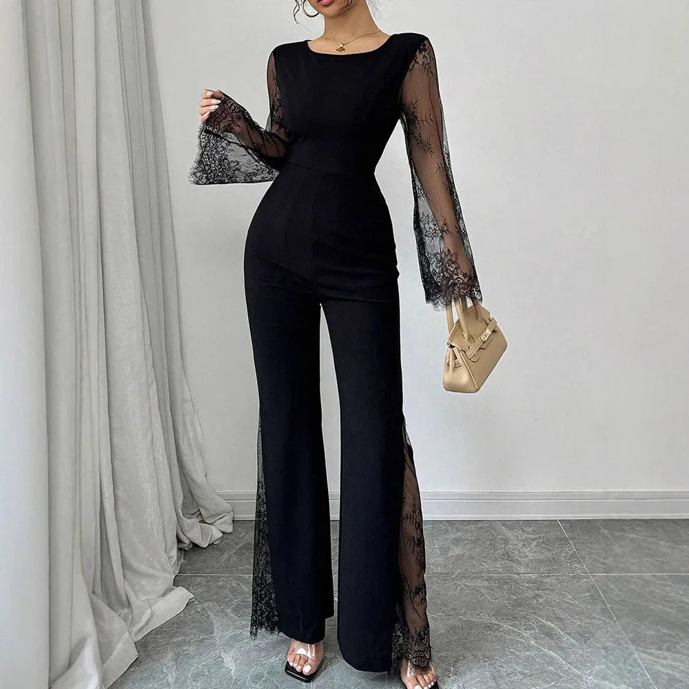 Lace-embellished Long-sleeve Crew-neck Bodycon Jumpsuit With A Cinched Waist And Hip-lifting Design - Gizmo Galaxy