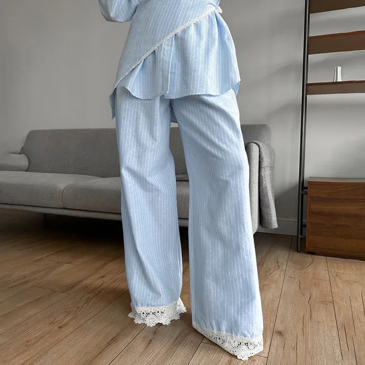 Patchwork Striped Lapel Long-sleeve Shirt Casual Wide-leg Pantsthree-piece Set - Gizmo Galaxy