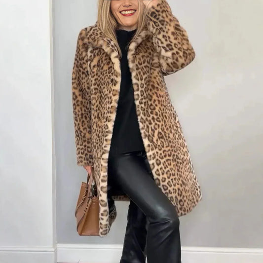 Fall Winter Leopard Print Plush Mid-length Coat - Gizmo Galaxy