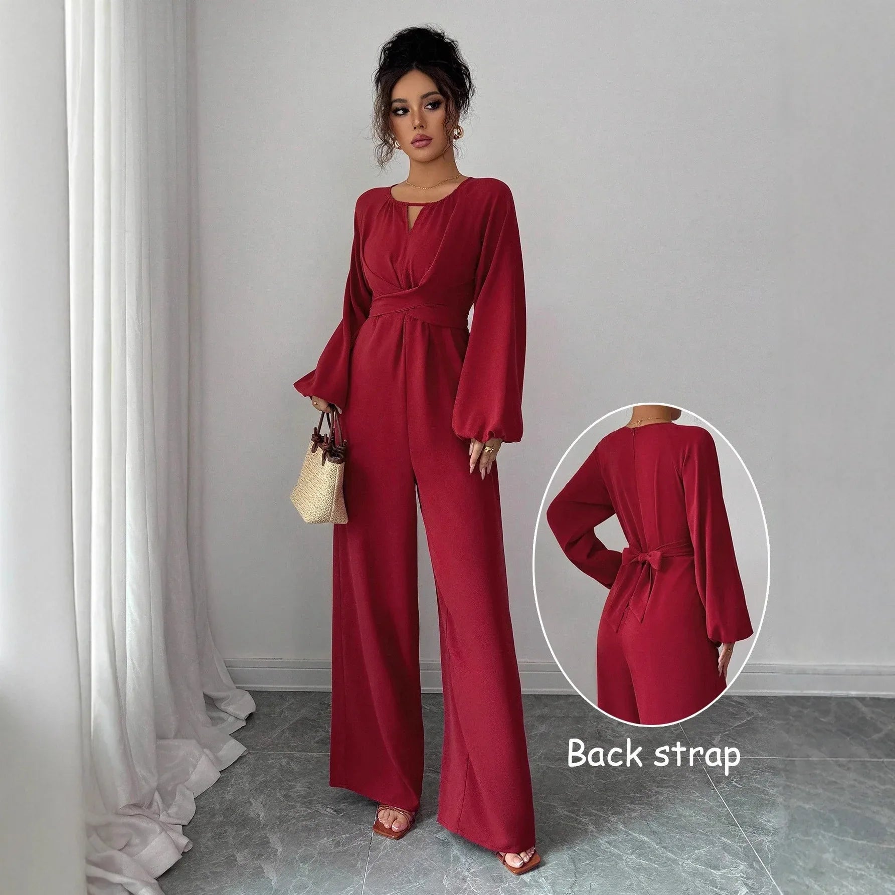Women's Solid-Colored Jumpsuit With Puffed Sleeves, Square Neck And Wide Legs - Gizmo Galaxy