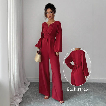 Women's Solid-Colored Jumpsuit With Puffed Sleeves, Square Neck And Wide Legs - Gizmo Galaxy