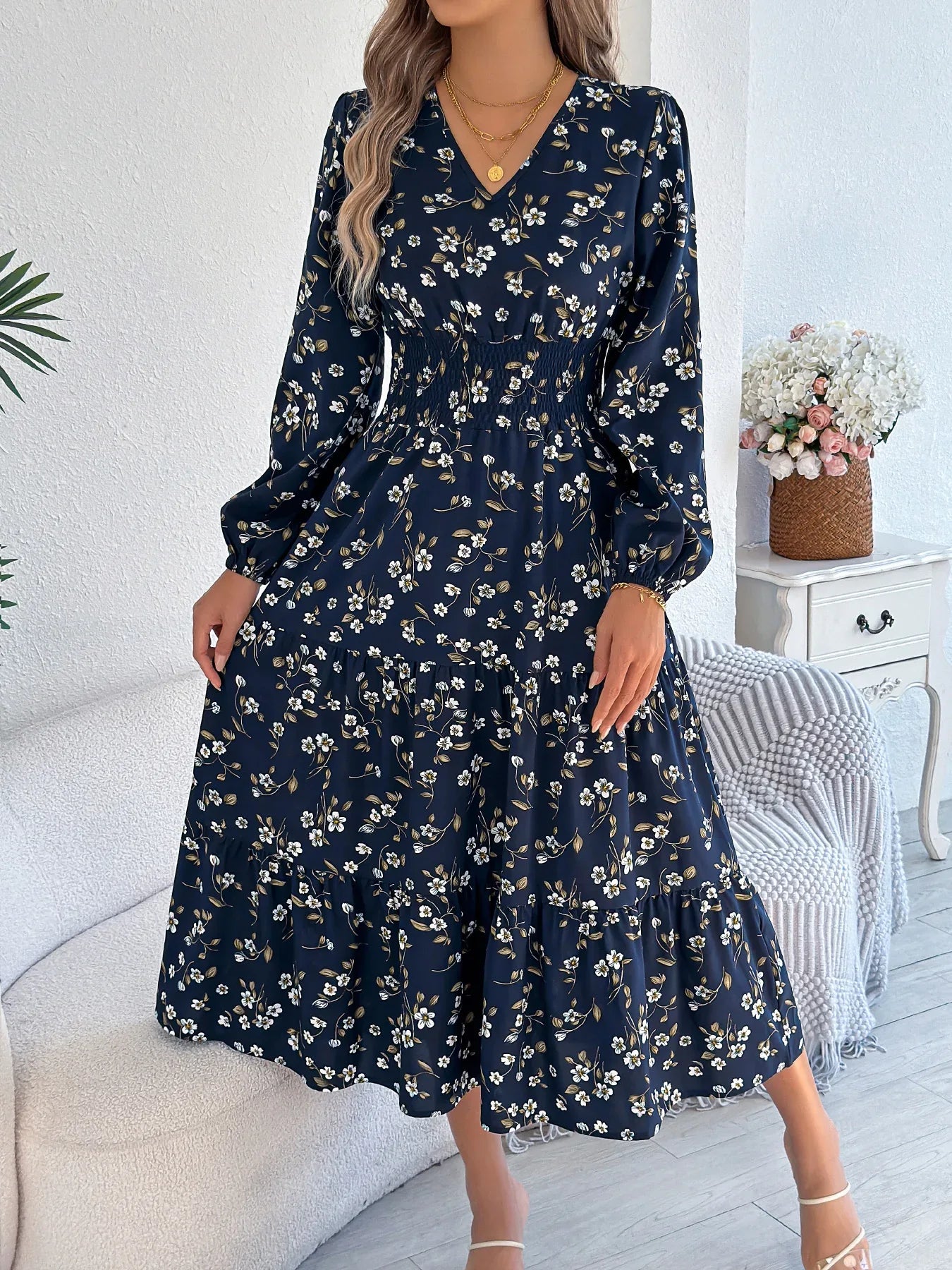 Women's Elegant Floral V-Neck Long Sleeve Waist-Defined Hem Ruffle A-Line Dress - Gizmo Galaxy