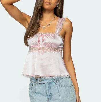 Stitching Lace Spaghetti-strap Camisole Top - Gizmo Galaxy