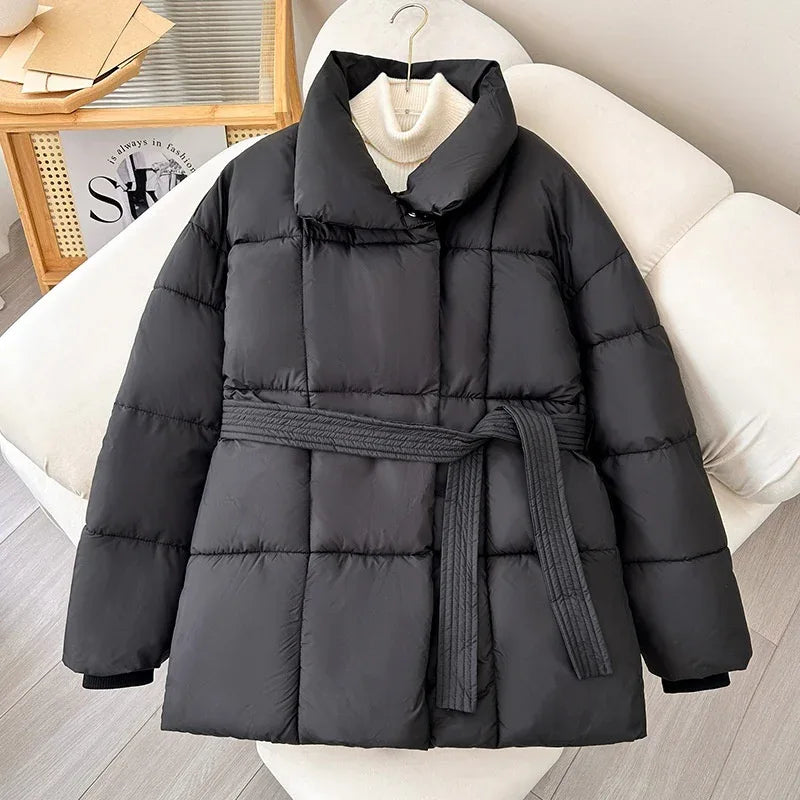 Warm Lapel Plaid Coat With Belt Design Fashion Casual Thick Jacket Fall And Winter Women's Clothing - Gizmo Galaxy