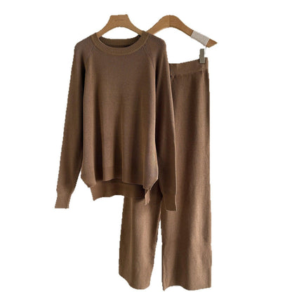 Women's Loose Knitted Long-Sleeve Crew-Neck Fashionable Wide-Leg Pants Two-Piece Set - Gizmo Galaxy