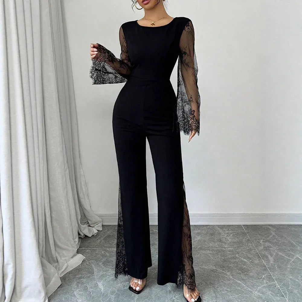 Lace-embellished Long-sleeve Crew-neck Bodycon Jumpsuit With A Cinched Waist And Hip-lifting Design - Gizmo Galaxy