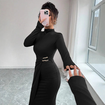 Small Stand-up Collar Knit Solid-color Dress With Metal Buttons - Gizmo Galaxy