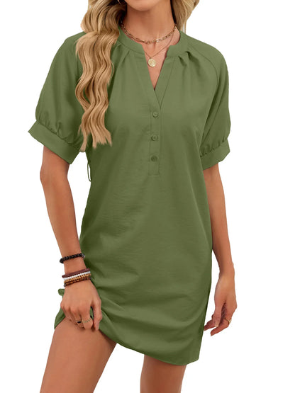 Women's Solid-Color Casual V-Neck Lace-Up Dress - Gizmo Galaxy