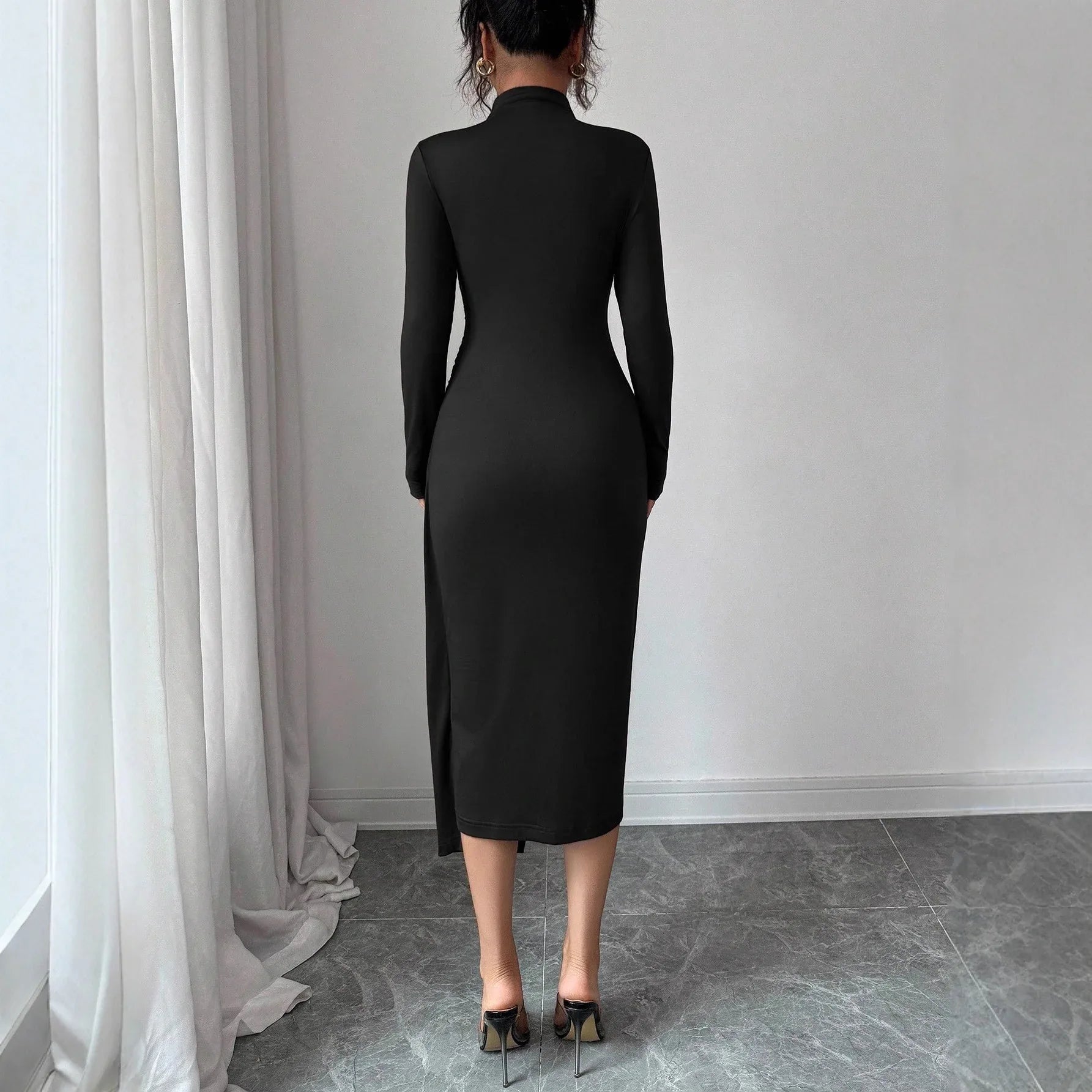 Small Stand-up Collar Knit Solid-color Dress With Metal Buttons - Gizmo Galaxy