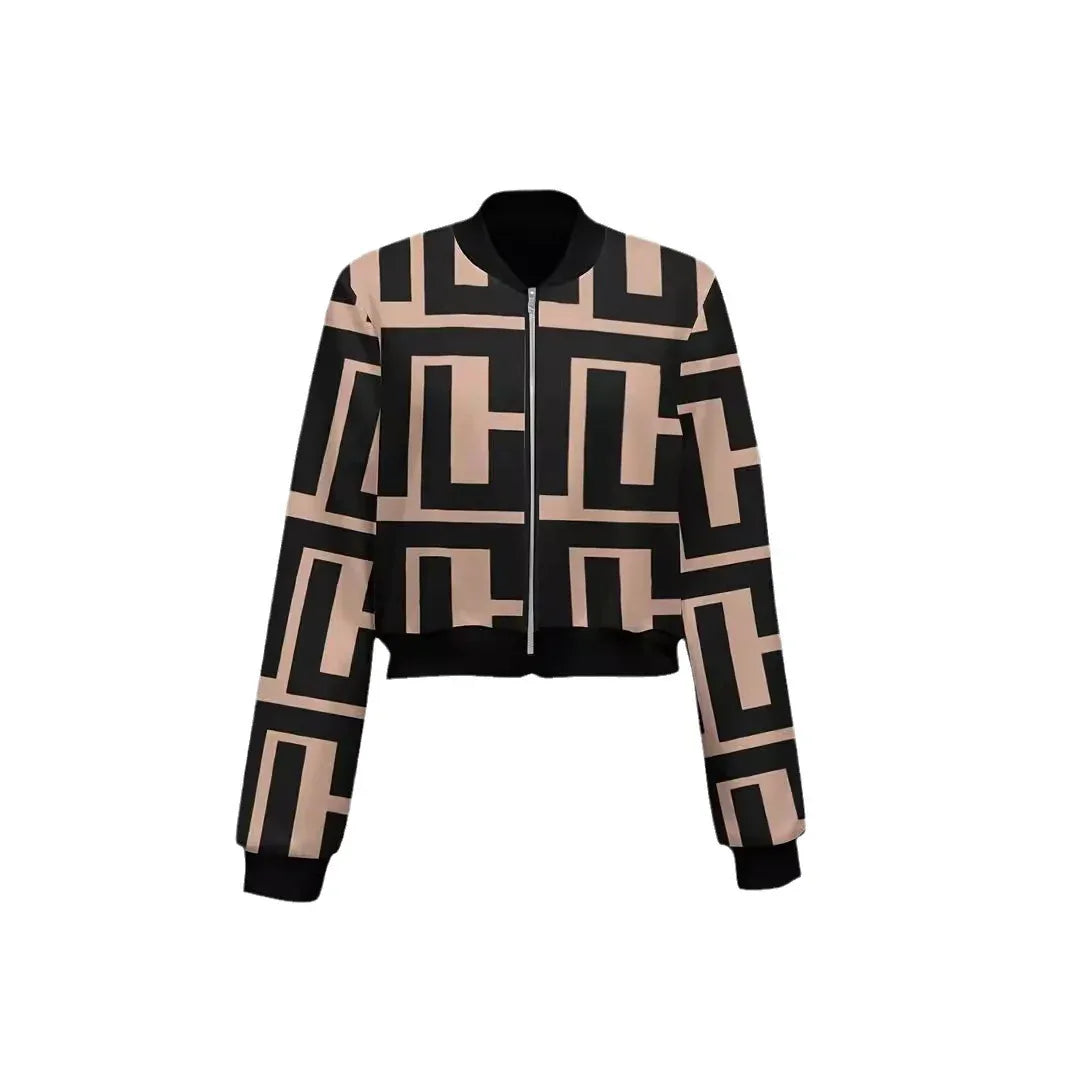 Women's Zipper Geometric Print Casual Long-sleeved Jacket - Gizmo Galaxy