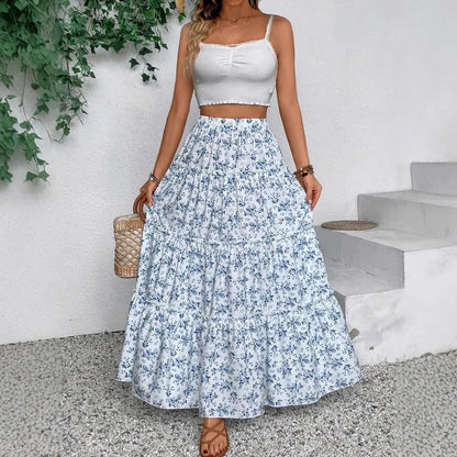 Women's Patchwork Floral Print Chiffon Pleated High Waist Midi Skirt - Gizmo Galaxy