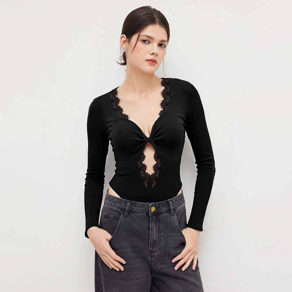 Autumn And Winter Black V-neck Lace-trimmed Twist Long-sleeved Hollow-out Design Slim-fit Bodysuit - Gizmo Galaxy