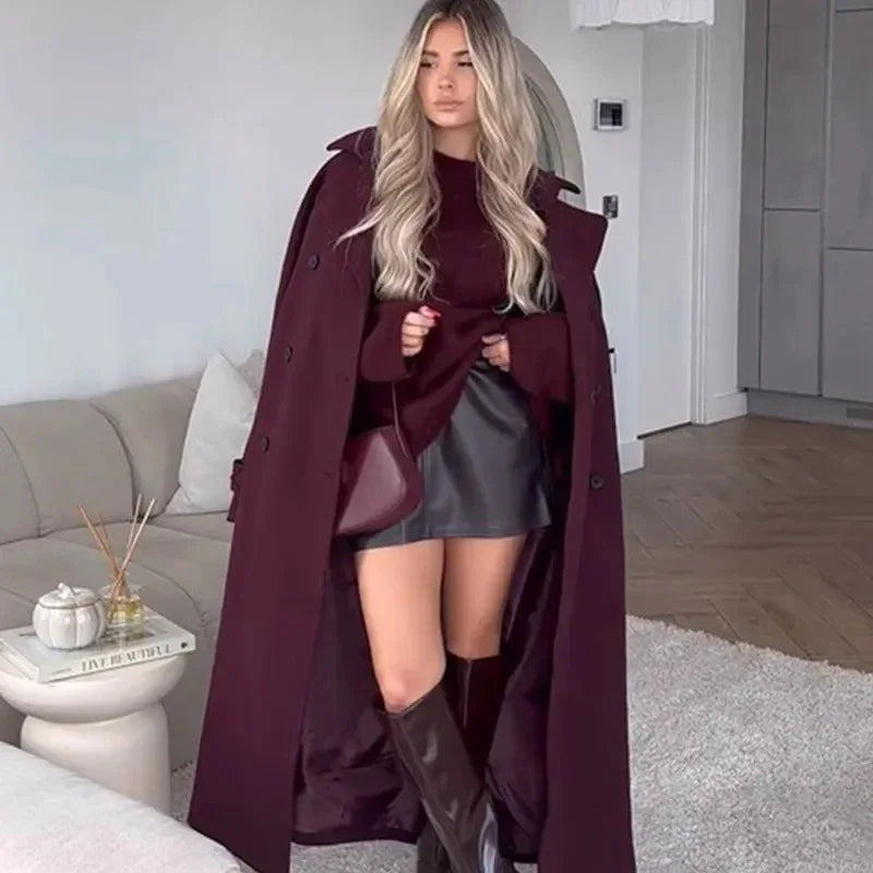 New Wine Red Loose Lapel Long Sleeves Single Button Overcoat Coat - Gizmo Galaxy