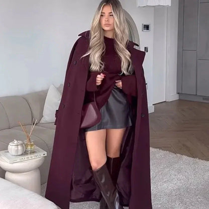 New Wine Red Loose Lapel Long Sleeves Single Button Overcoat Coat - Gizmo Galaxy