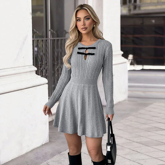 New High-end Gray Textured Knit Slim-fit Dress For Women - Gizmo Galaxy