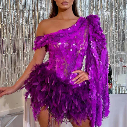 Purple Sequined Feather Skirt One-shoulder Sleeve Short Dress Luxury Party Stage Performance Dress - Gizmo Galaxy