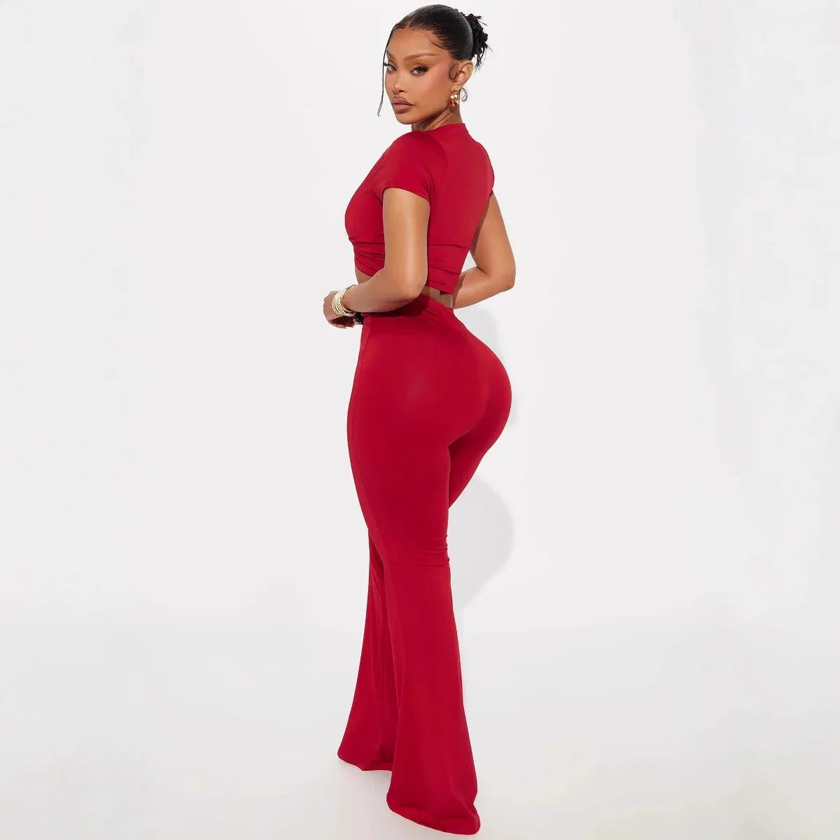 Low-cut V-neck Short-sleeved T-shirt Top With Hardware Waist-length Bodycon Trousers Set - Gizmo Galaxy