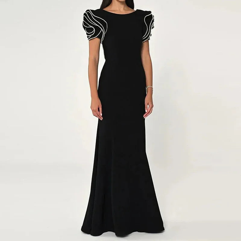Round Neck Petal Sleeve Fishtail Skirt Dress - Gizmo Galaxy