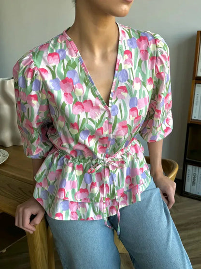 Drawstring Laced Puffed Sleeve V Neck Women's Blouse - Gizmo Galaxy