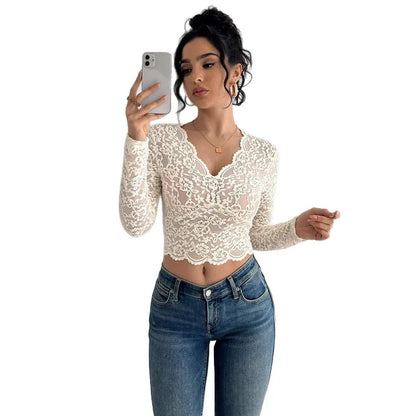 Solid Color Sexy Lace V-neck Long Sleeve T-shirt - Gizmo Galaxy