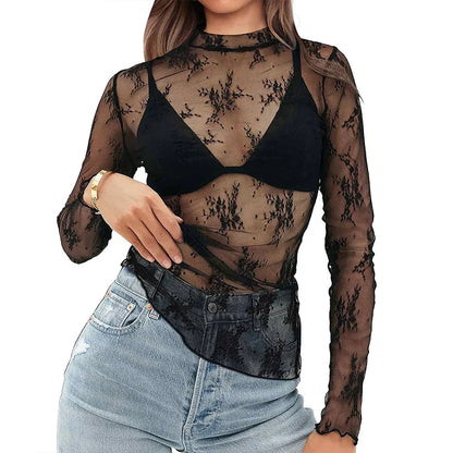 Women's Semi High Neck Sheer Long Sleeve TShirt Sexy Y2K Mesh Top - Gizmo Galaxy
