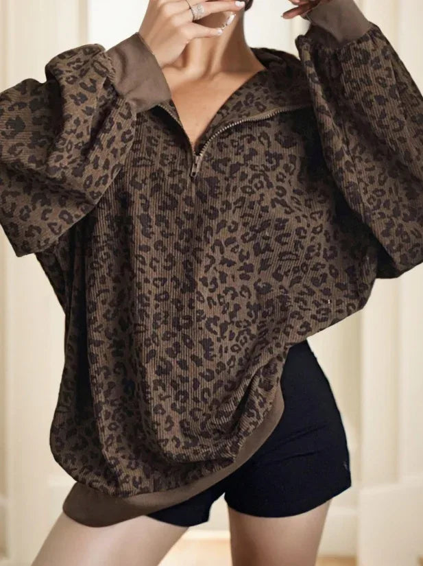 Women Casual Zip Up Front Long Sleeve Leopard Print Sweatshirt - Gizmo Galaxy