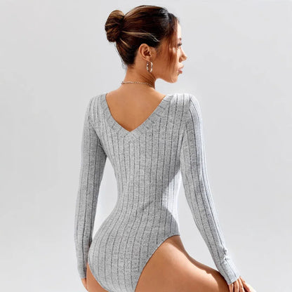 Simple Casual Solid Color Deep V-neck Slim Fit Waist-controlled Long Sleeves Jumpsuit Women - Gizmo Galaxy