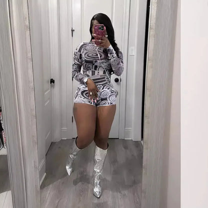 Tight-fitting Printed Crew-neck Stretchy Casual Long-sleeve Shorts Set - Gizmo Galaxy