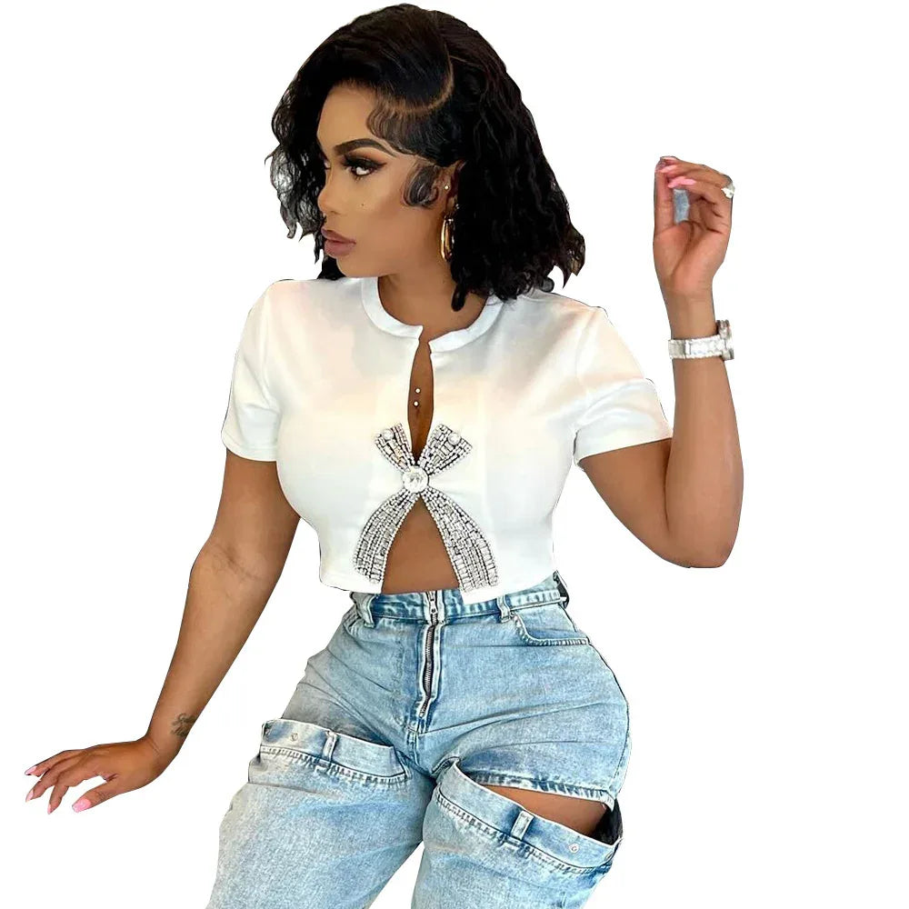 Women's Open-navel Split Rhinestone European And American Top T-shirt - Gizmo Galaxy
