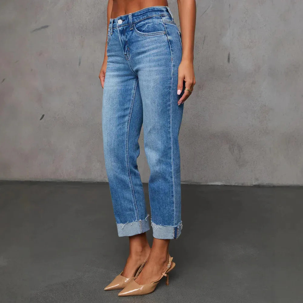 Cuffed Capri Pants, Fashionable Stretchy Whiskered Denim Jeans - Gizmo Galaxy
