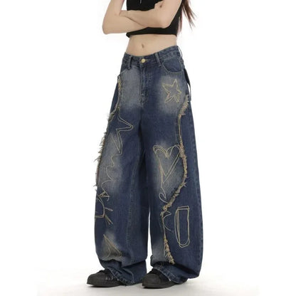 Women's High Waist Ripped Jeans Slim Fit Wide Leg Floor-Length Pants - Gizmo Galaxy