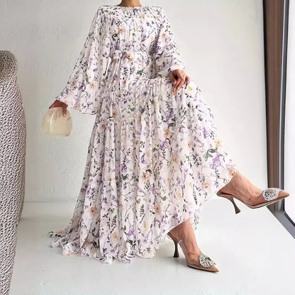 Chiffon Floral Dress With Belt Long Length Stylish And Elegant - Gizmo Galaxy