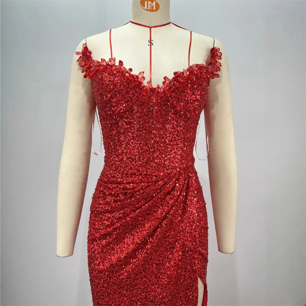 Drop-shaped Diamond Sexy Low-cut High Sitt Red Paillette Tube Coat And Dress - Gizmo Galaxy