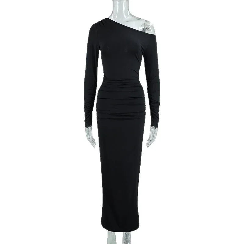 Women's OffshoulderLong-sleeve Figurehugging Pleated Maxi Dress - Gizmo Galaxy