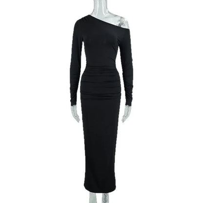Women's OffshoulderLong-sleeve Figurehugging Pleated Maxi Dress - Gizmo Galaxy