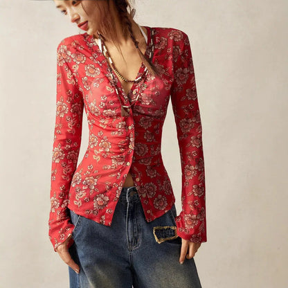 European And American Printed Shirt Women's Slim Fit Slimming Retro Temperament - Gizmo Galaxy