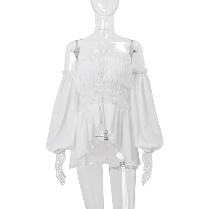 Off-shoulder Pleated Ruffled Slim Fit Lantern Long Sleeve Halter Top Women - Gizmo Galaxy