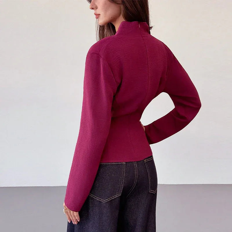 French Style Solid Color Long Sleeve Shirt Waist Slimming - Gizmo Galaxy