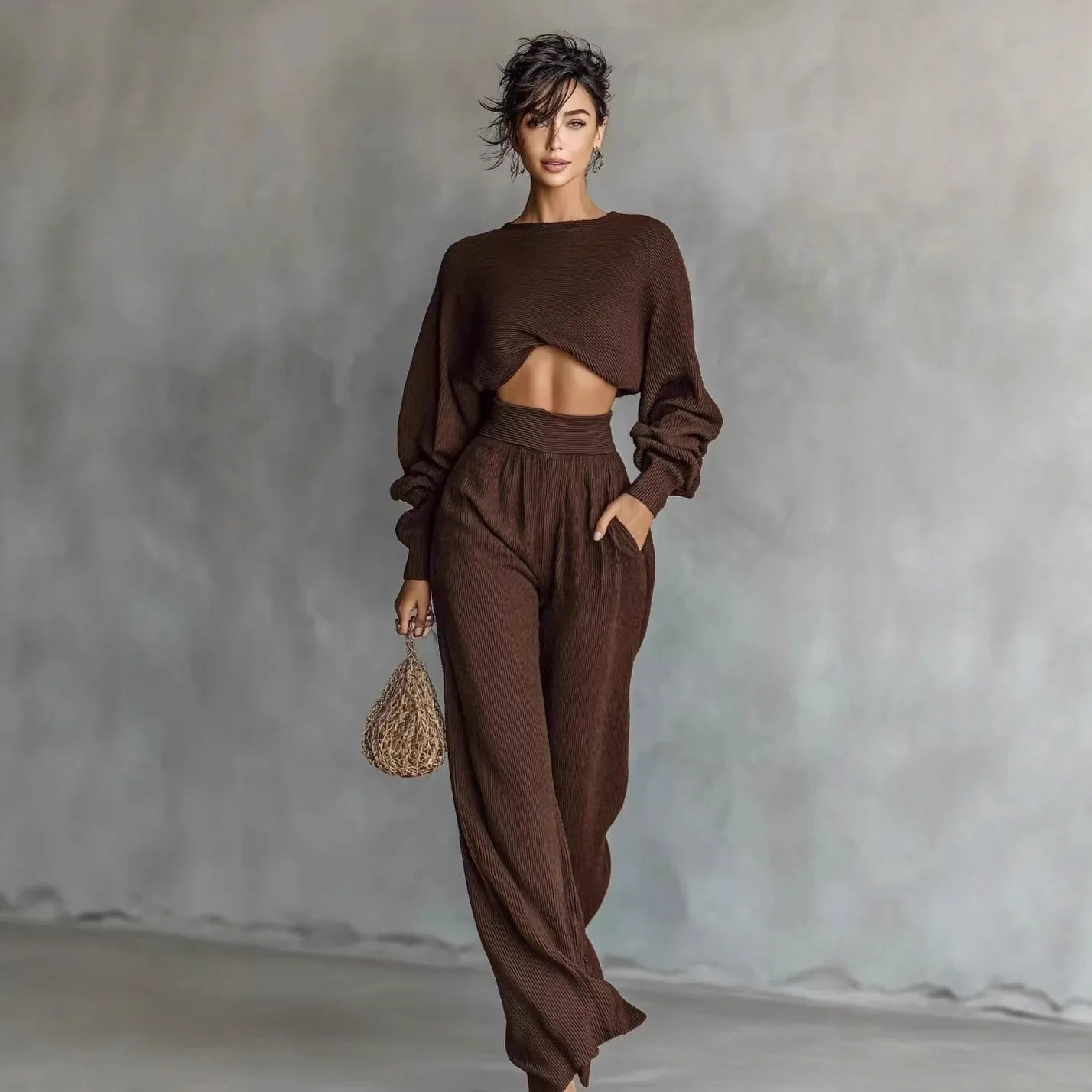 Fashionable Women's Knit Long-sleeve Top And Pants Two-piece Set - Gizmo Galaxy