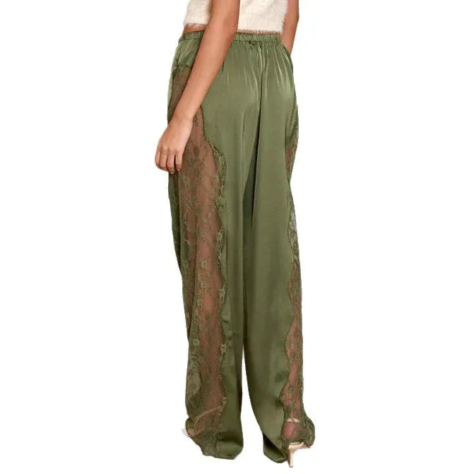 Fashionable Solid Color Sexy Satin Lace Loose Floor Length Pants - Gizmo Galaxy
