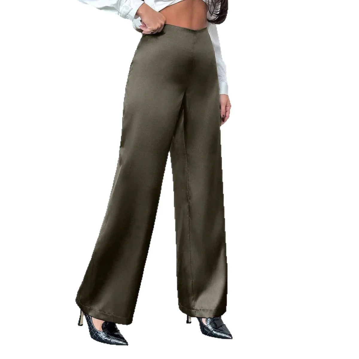 Women's Solid-Colored Casual Loose Satin Wide-Leg Pants - Gizmo Galaxy
