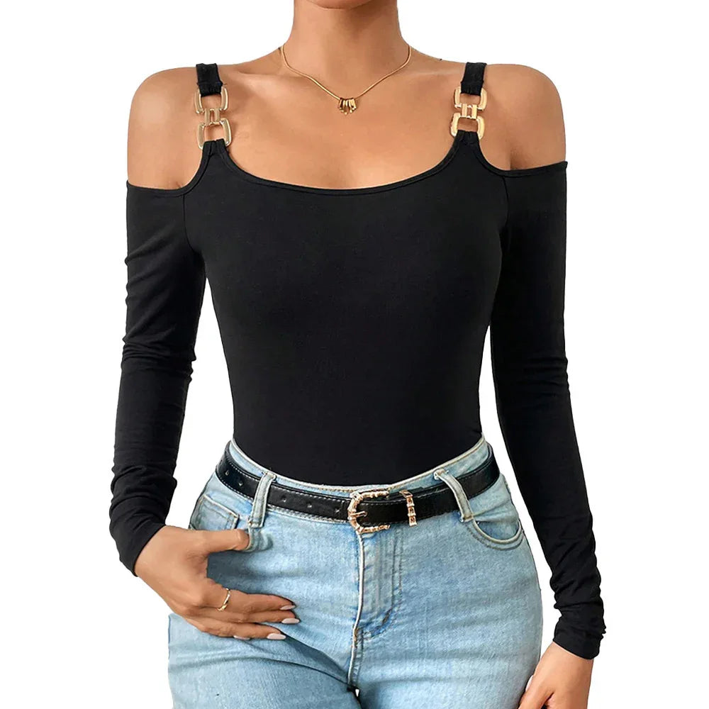 Women's Spring And Summer Fashion Simple Suspender Off-Shoulder Metal Hook Long-Sleeved Sexy Top - Gizmo Galaxy