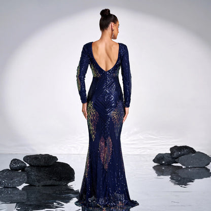 Long Sleeve Temperament Crew Neck Sexy Long Sequined Banquet Evening Dress - Gizmo Galaxy