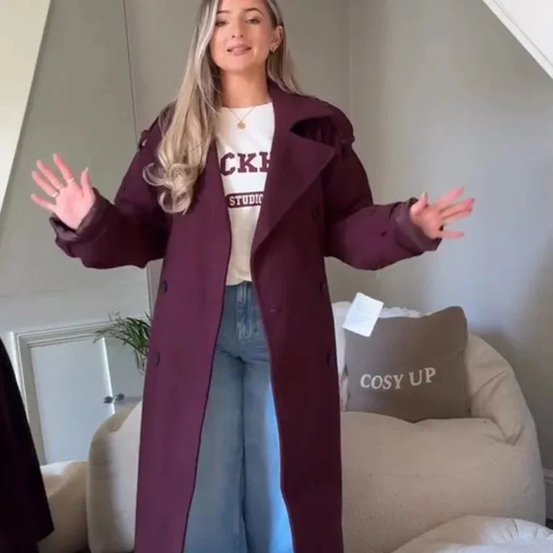 New Wine Red Loose Lapel Long Sleeves Single Button Overcoat Coat - Gizmo Galaxy