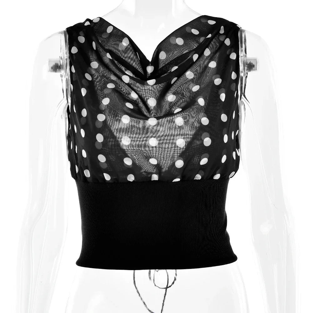 Polka Dots Print Oblique Shoulder Tops Summer Patchwork Chiffon Crop Top Women Sexy Sleeveless Lace Up Backless Blouse Casual Streetwear Tee - Gizmo Galaxy